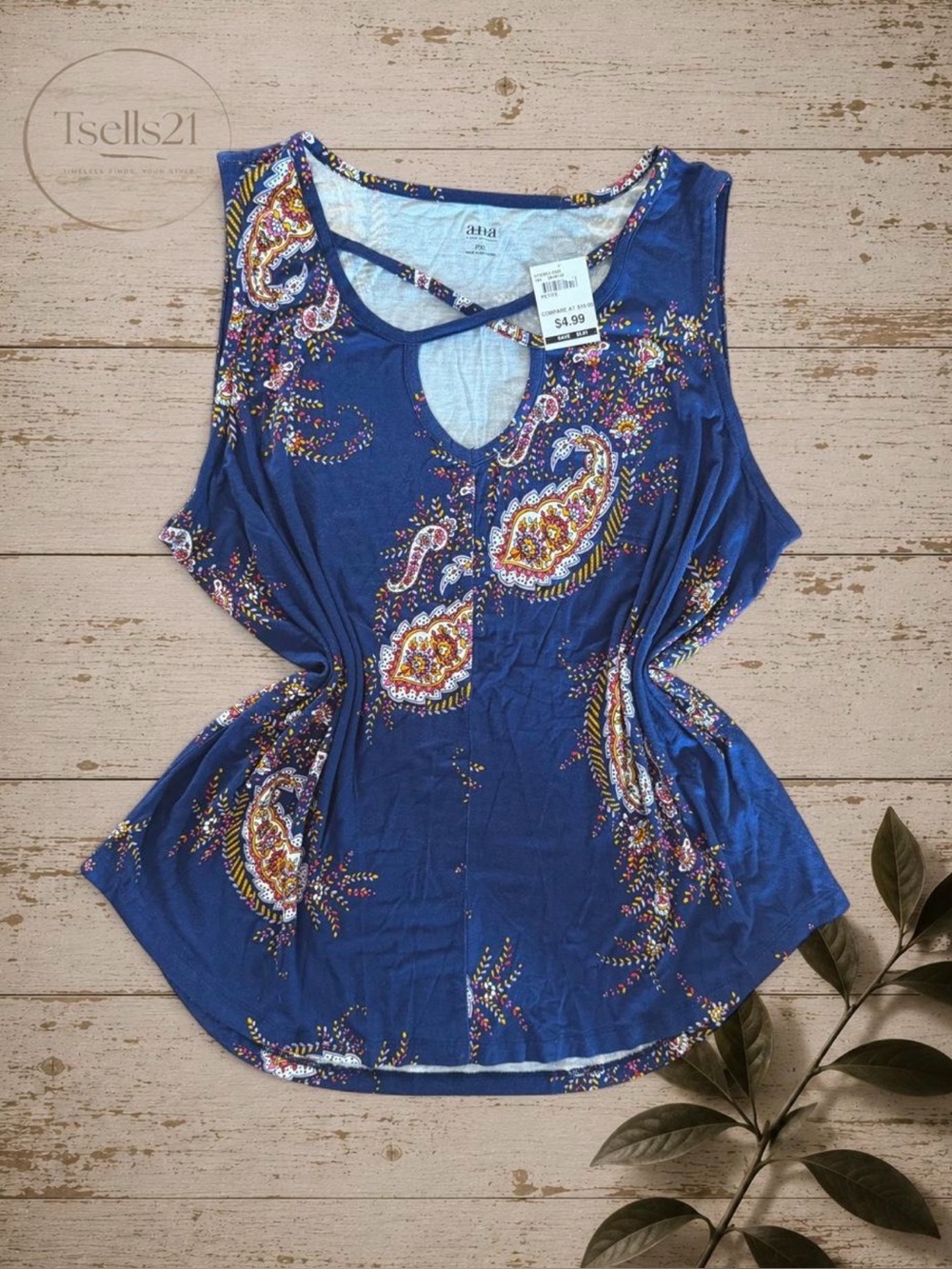 NWT a.n.a. Blue Paisley Keyhole Tank Top - Size PXL